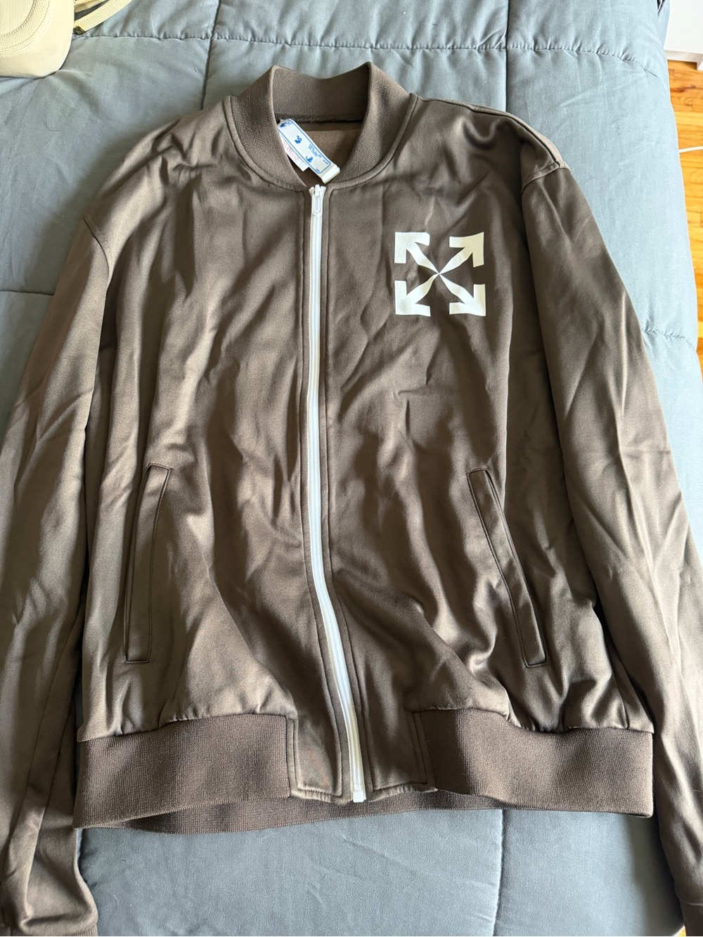 Off-White Brown Bomber Jacket with White Zip